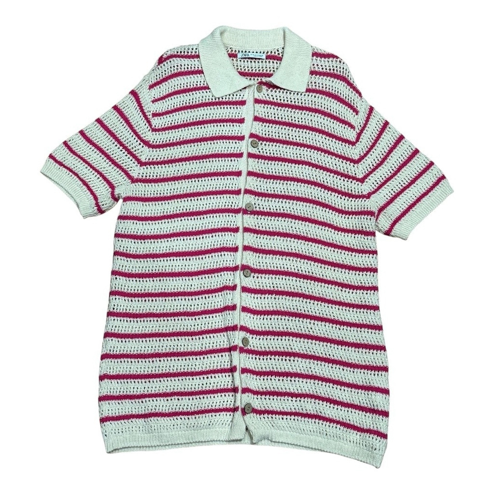 Zara Sweater Womens Medium Striped Button Up Short Sleeve Knit Collared Pullover
